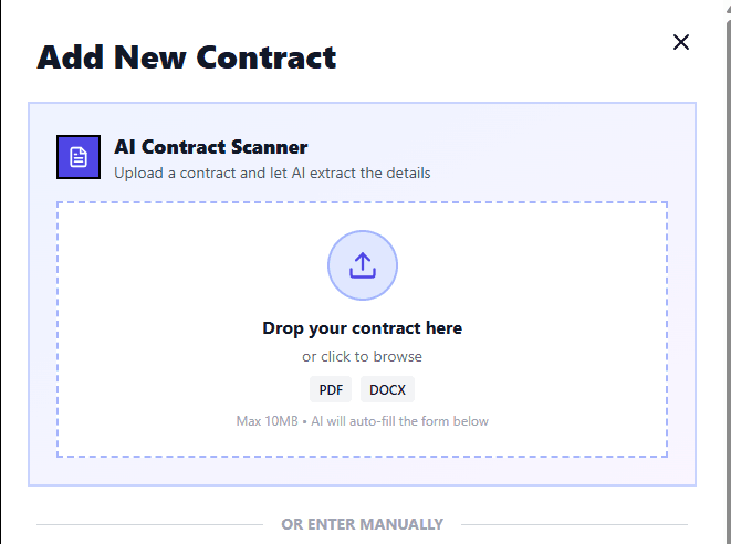 Upload interface showing drag and drop contract upload